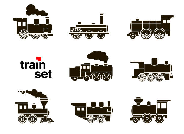 ilustraciones, imágenes clip art, dibujos animados e iconos de stock de conjunto de iconos de tren sobre fondo blanco. - locomotora