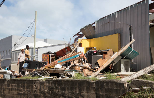 Cruz Bay, St John, US Virgin Islands - Sept 08, 2017: Aftermath of Hurricane Irma, St John, locals surveying their damaged belongings 2 days after storm in Cruz Bay