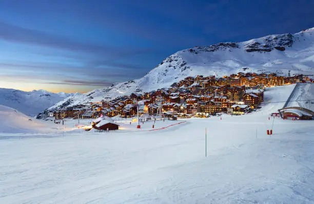 Panorama of famous Val Thorens in french alps by night, Vanoise, France"n