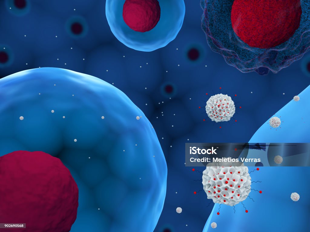 Mesoporous silica nanoparticles 3d render of mesoporous silica nanoparticles delivering drug to cells Nanoparticle Stock Photo