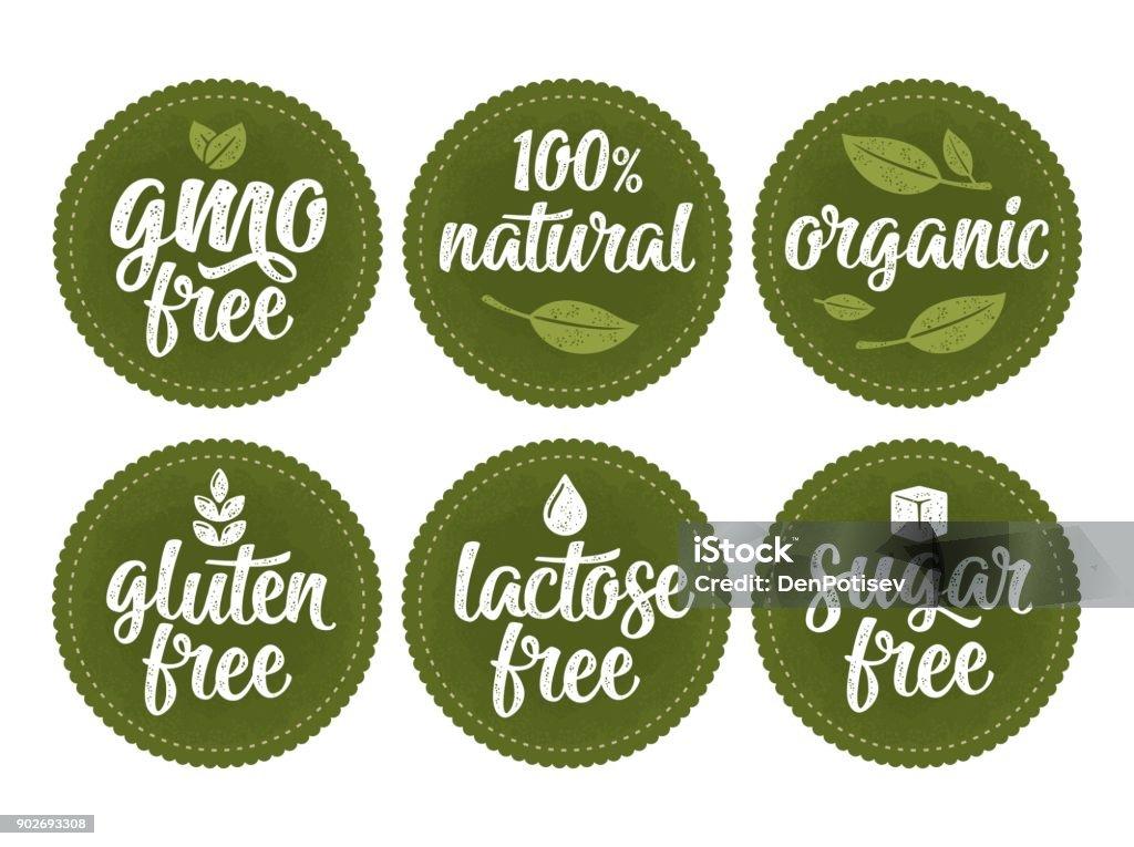 Gluten, lactosa, azúcar, gmo libre inscripción. Firmar 100% natural comida orgánica - arte vectorial de Sin gluten libre de derechos