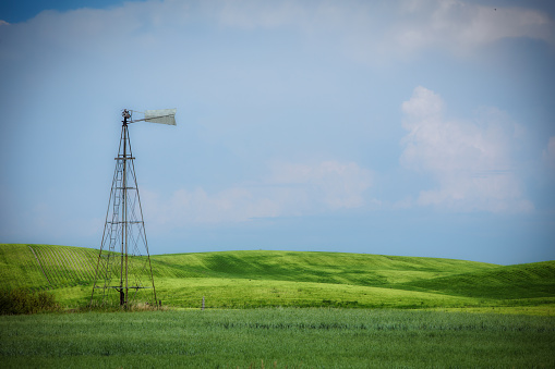 A tall old metal weather vane in rolling green farmland under a cloudy sky in a rural summer countryside landscape