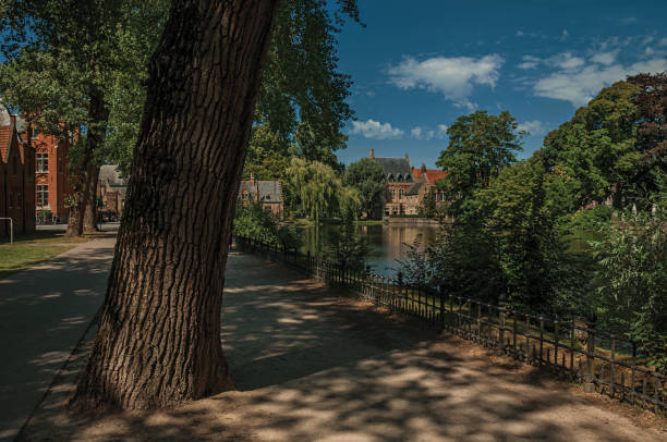 istock Path amidst greenery, lake and old brick building on the other side in Bruges. 902706472