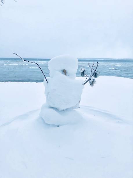 istock White Landscapes- snow man next to water 902709890