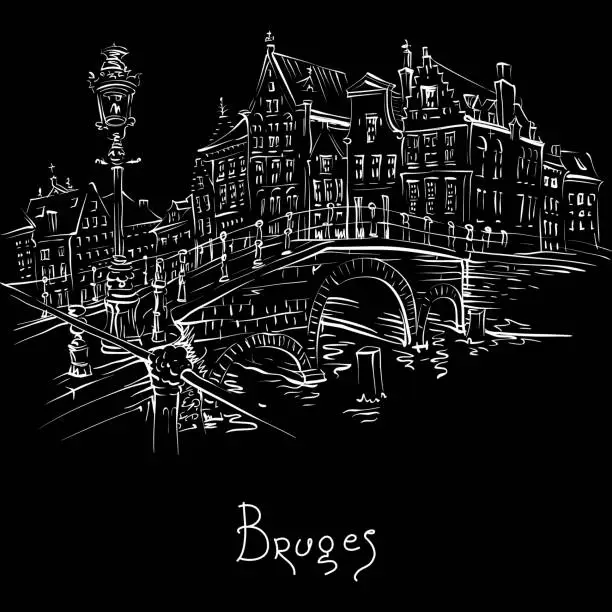 Vector illustration of Scenic city view of Bruges canal with beautiful houses