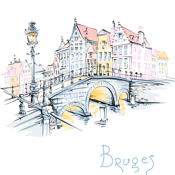 illustrations, cliparts, dessins animés et icônes de magnifique vue sur la ville de bruges canal avec de magnifiques maisons - flanders bruges dusk building exterior