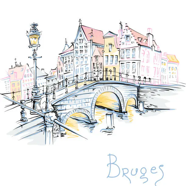 Vector illustration of Scenic city view of Bruges canal with beautiful houses