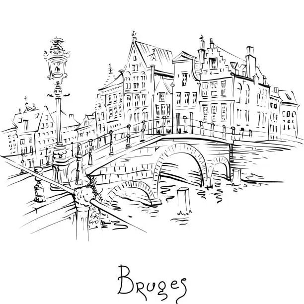 Vector illustration of Scenic city view of Bruges canal with beautiful houses