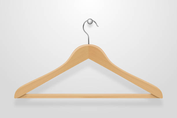 Realistic vector clothes coat wooden hanger close up isolated on white background. Design template, clipart or mockup for graphics, advertising etc Realistic vector clothes coat wooden hanger close up isolated on white background. Design template, clipart or mockup for graphics, advertising etc. coathanger stock illustrations