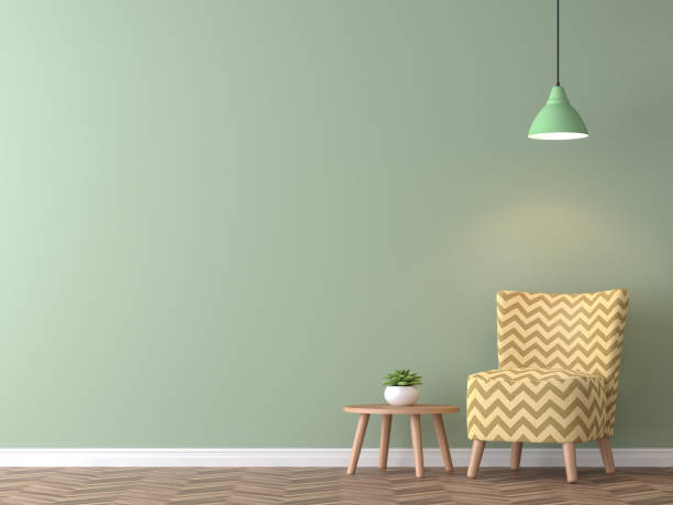 moderna sala vintage con renderizado 3d de pared verde - simple living fotografías e imágenes de stock