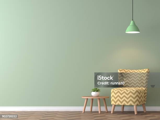 Modern Vintage Living Room With Green Wall 3d Rendering Image Stock Photo - Download Image Now