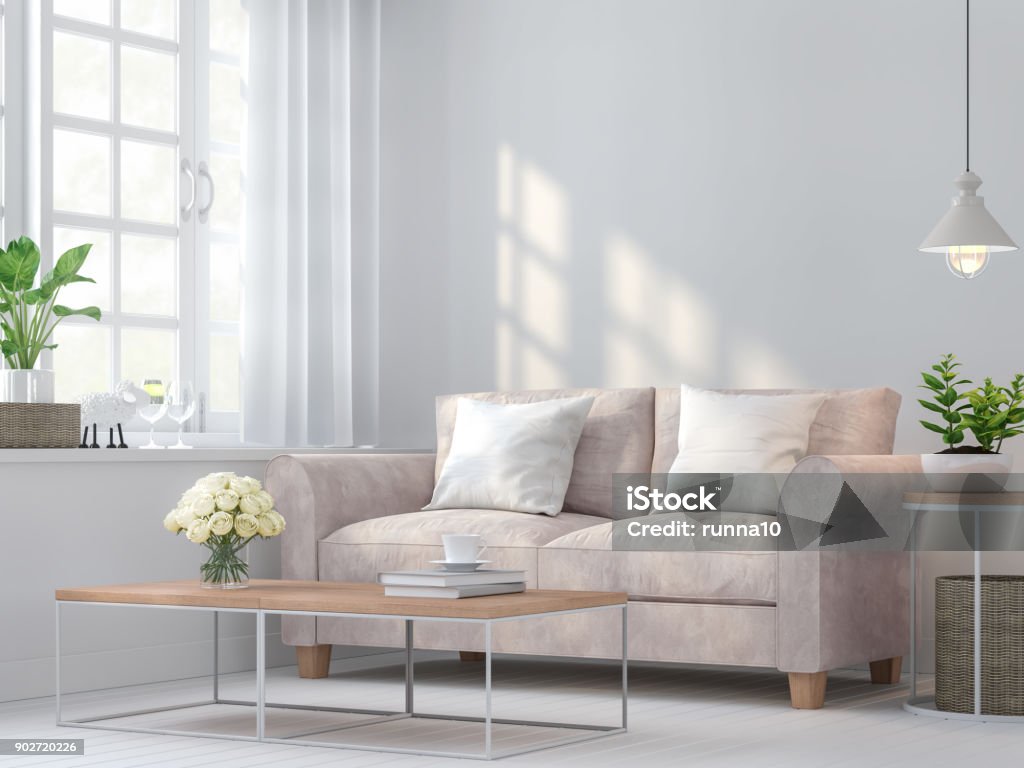 Vintage living room 3d rendering image Vintage living room 3d rendering image.The Rooms have white wooden floors and white walls. There are white window overlooking to the nature. Living Room Stock Photo