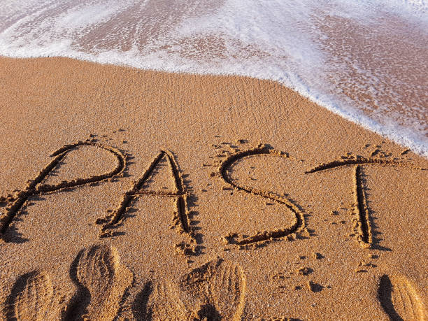 istock Past written on sand , and foot prints 902724990