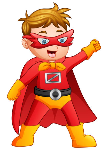 kreskówka superhero chłopiec pozowanie - fun red men cape stock illustrations