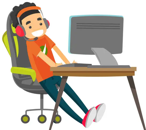 Vector illustration of Young caucasian white gamer playing video game