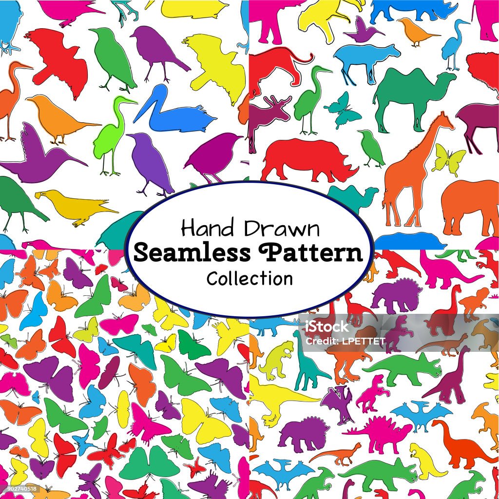 Hand Drawn Seamless Patterns Of Animals A vector illustration of a hand drawn seamless patterns of animals. Dinosaur stock vector