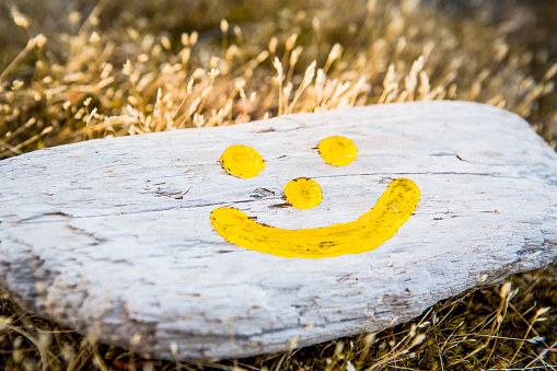 Wooden sign with Happy Face drawing.