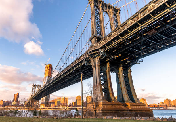 istock Manhattan Bridge and skyline silhouette view from Brooklyn at sunset 902750542