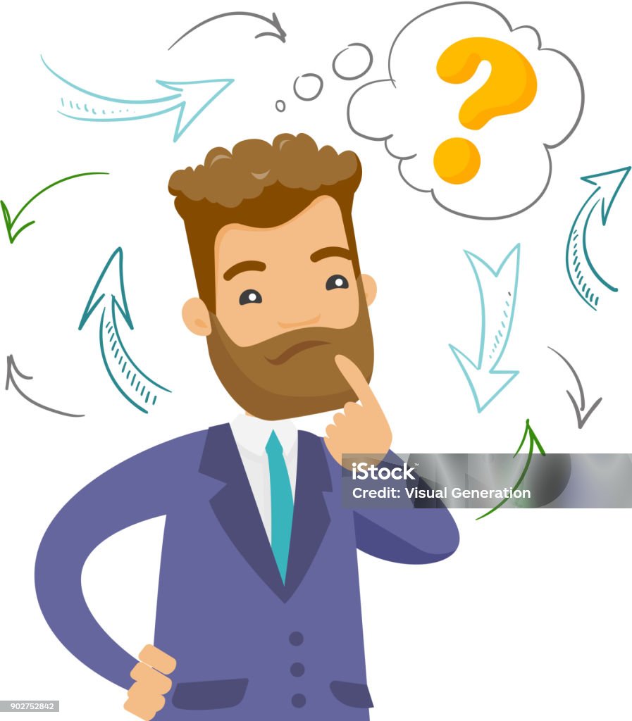 Young confused caucasian business man thinking Young confused caucasian white hipster businessman thinking while standing under question mark and arrows. Concept of business thinking. Vector cartoon illustration isolated on white background. One Person stock vector