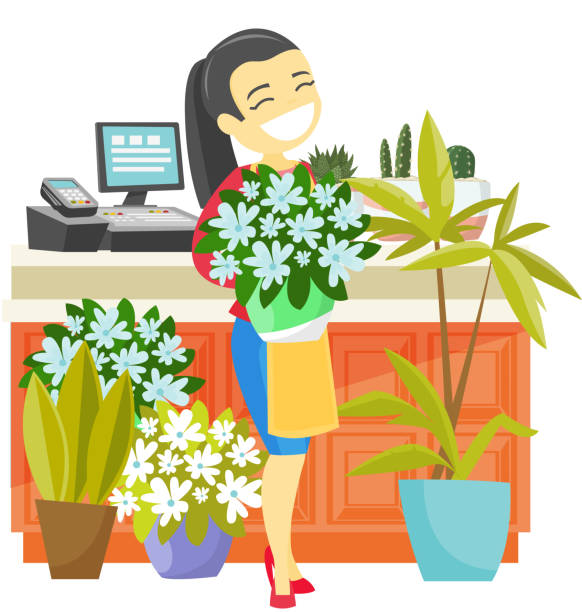 Business owner holding a bouquet in a flower shop Young cheerful caucasian white business owner standing near the counter and holding a bouquet of flowers in a flower shop. Vector cartoon illustration isolated on white background. small business owner on computer stock illustrations