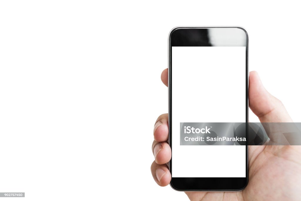 Main tenant mobile smartphone, écran blanc blanc isolé sur fond blanc - Photo de Téléphone mobile libre de droits