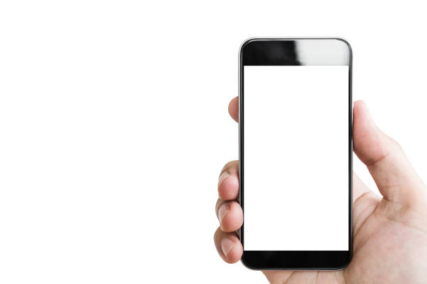 istock Hand holding mobile smart phone, blank white screen isolated on white background 902757450