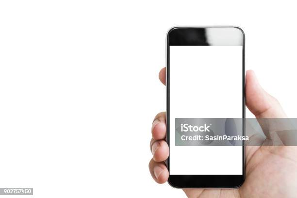 Hand Holding Mobile Smart Phone Blank White Screen Isolated On White Background Stock Photo - Download Image Now