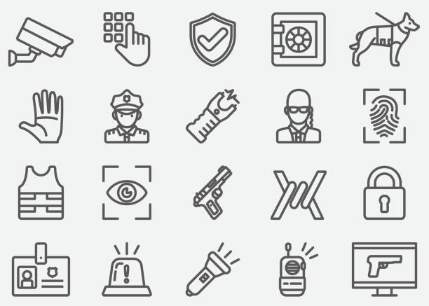 ilustrações de stock, clip art, desenhos animados e ícones de security guard line icons - security code illustrations