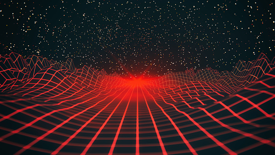 3d red wireframe mountains in abstract space.