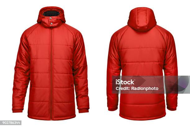 Fashion Winter Red Jacket Clipping Path Isolated White Background Stock Photo - Download Image Now