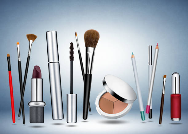 set of professional cosmetic brushes and promotion square frame Set of professional cosmetics on a gray and blue background with a white spot make over series stock pictures, royalty-free photos & images