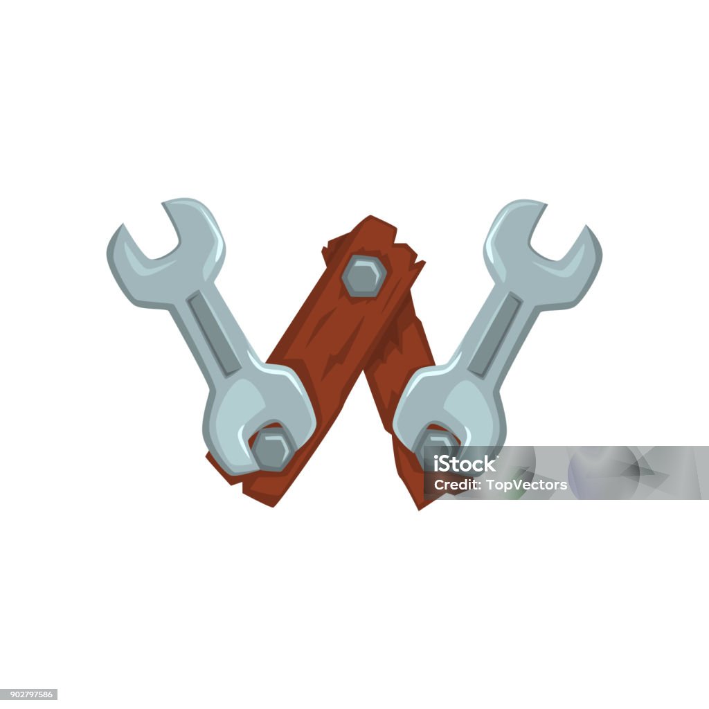 Creative letter W made of two wooden boards fastened with screw-nuts and two wrench keys. Cartoon font in flat style. Vector design for web icon, placard or mobile game Creative letter W made of two wooden boards fastened with screw-nuts and two wrench keys. Cartoon font in flat style. Design for web icon, placard, mobile game. Vector illustration isolated on white Art stock vector