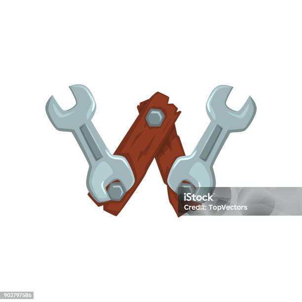 Creative Letter W Made Of Two Wooden Boards Fastened With Screwnuts And Two Wrench Keys Cartoon Font In Flat Style Vector Design For Web Icon Placard Or Mobile Game Stock Illustration - Download Image Now