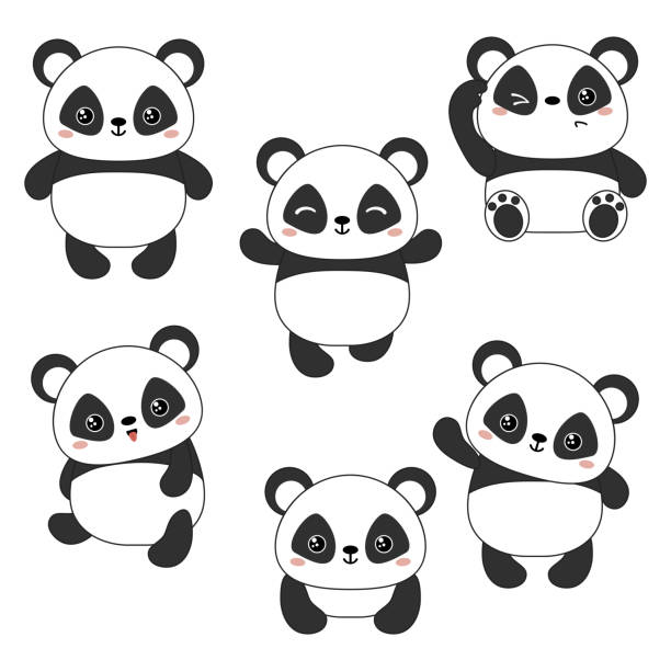 Vector illustration of panda bear. Set of cartoon cute chinese panda bear. fat humor black expressing positivity stock illustrations