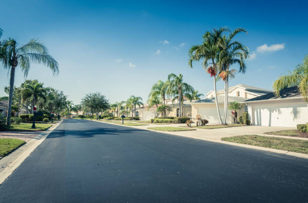 case della comunità recinta con palme, florida meridionale - palm tree florida house residential district foto e immagini stock