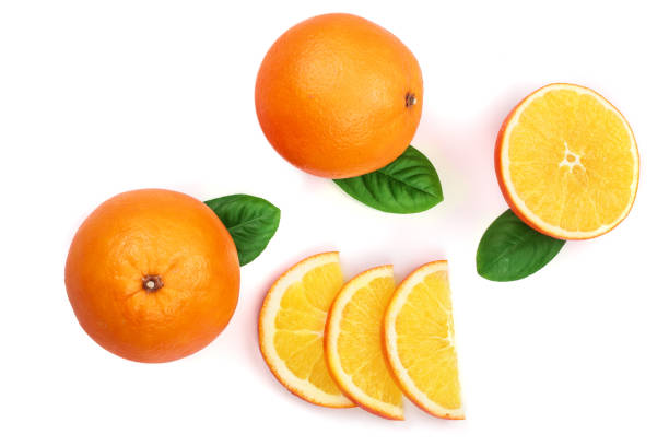 istock Orange with slice and leaf isolated on the white background. Flat lay pattern. Top view 902805052
