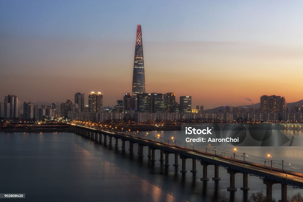 해질녘 롯데 타워 롯데 월드 타워 123에 대한 스톡 사진 및 기타 이미지 - 롯데 월드 타워 123, 도시 경관, 서울 ...