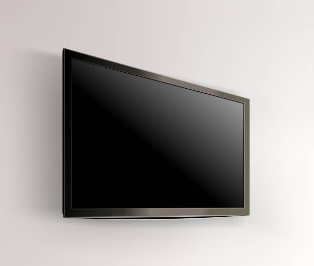 Black LED tv television screen blank on wall background Black LED tv television screen blank on wall background wall of tvs stock illustrations