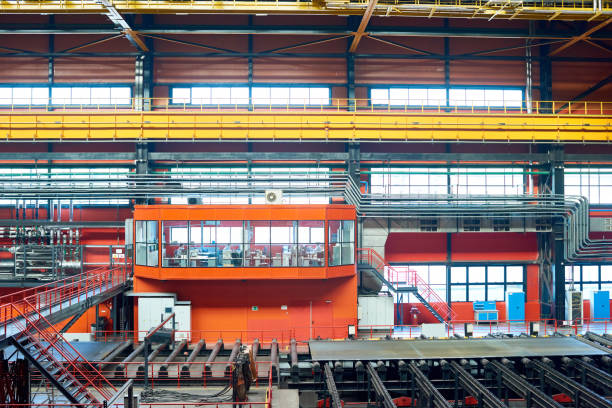 right factory shop with small office for employees and assembly line for cutting metal