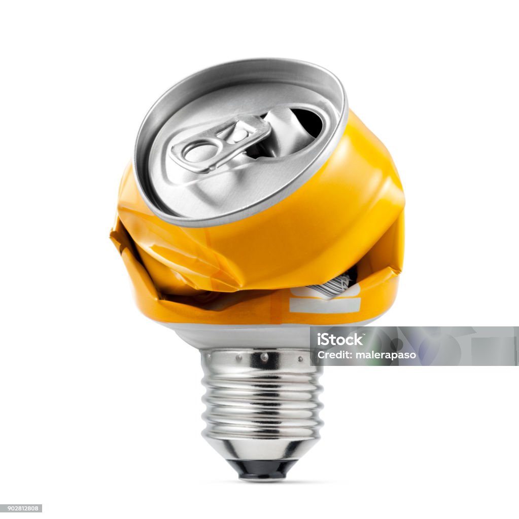 Recycling Idea. Light bulb made with crushed can on white background. Garbage Stock Photo