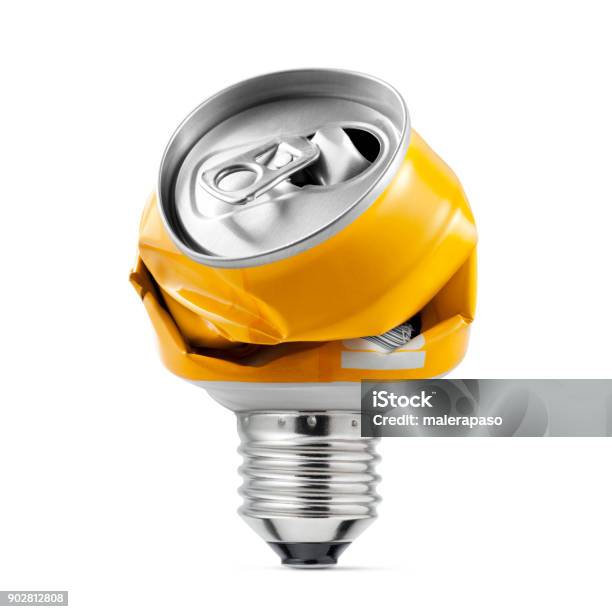 Recycling Idea Light Bulb Made With Crushed Can On White Background Stock Photo - Download Image Now