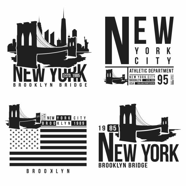 ilustrações de stock, clip art, desenhos animados e ícones de set of new york, brooklyn bridge typography for t-shirt print. stylized brooklyn bridge silhouettes. tee shirt graphic - brooklyn bridge new york city brooklyn famous place