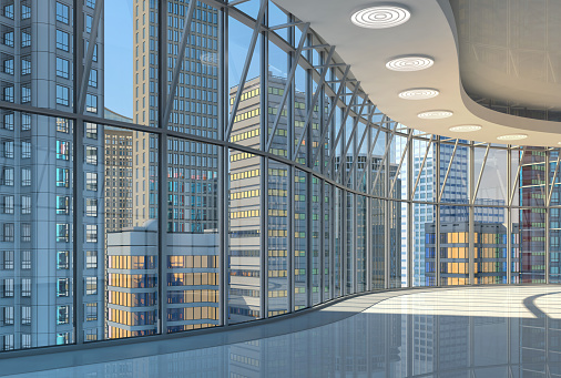 Interior of the hall with curved glazed walls and a view of the skyscrapers. 3d illustration.