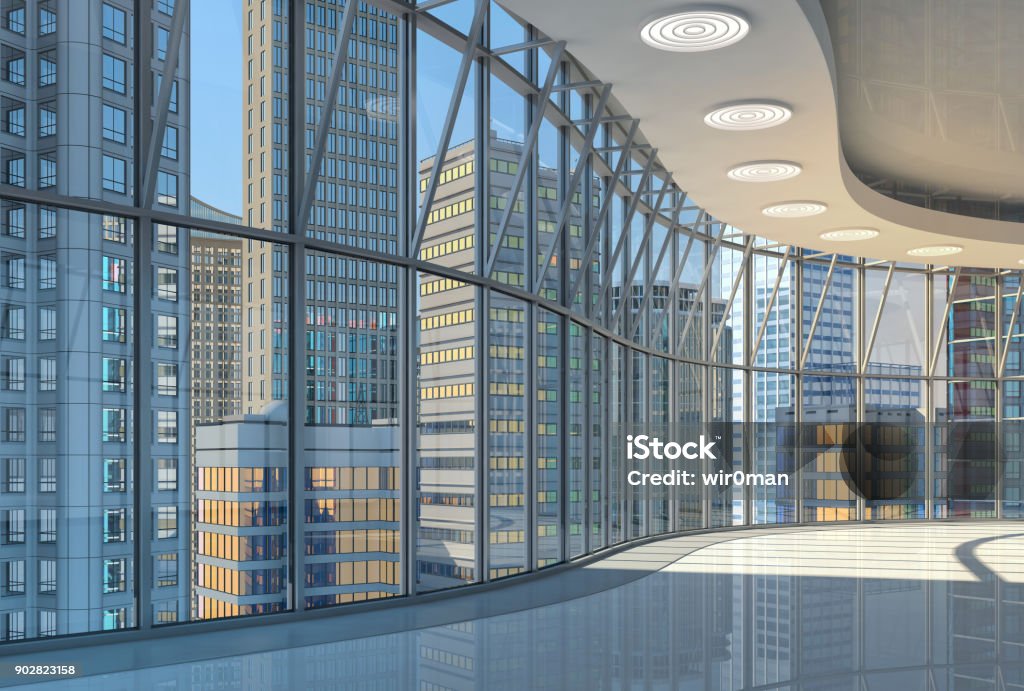 Interior of the hall with curved glazed walls and a view of the skyscrapers Interior of the hall with curved glazed walls and a view of the skyscrapers. 3d illustration. Indoors Stock Photo