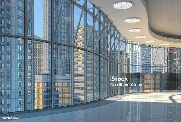 Interior Of The Hall With Curved Glazed Walls And A View Of The Skyscrapers Stock Photo - Download Image Now