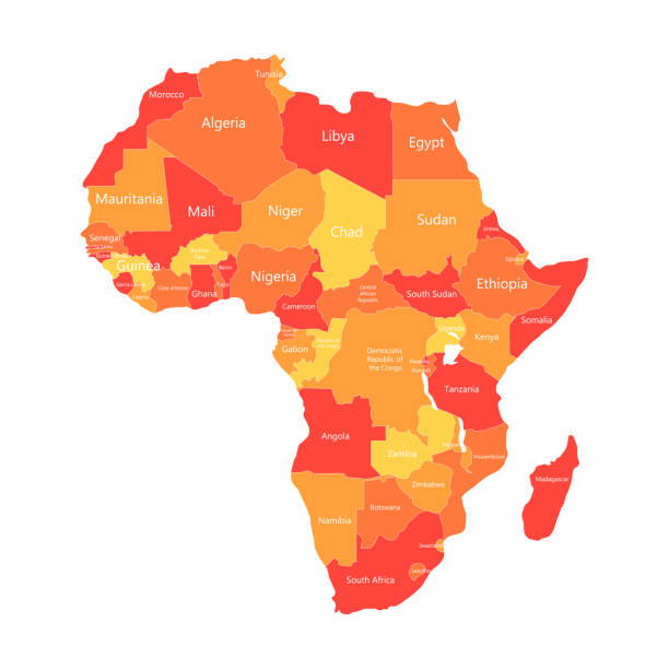 국가 테두리 벡터 아프리카 지도입니다. 레드를 추상화 하 고 아프리카 국가 지도에 노란색 - 리비아 일러스트 stock illustrations