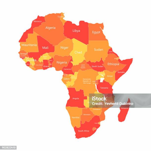 Vector African Map With Countries Borders Abstract Red And Yellow African Countries On Map Stock Illustration - Download Image Now
