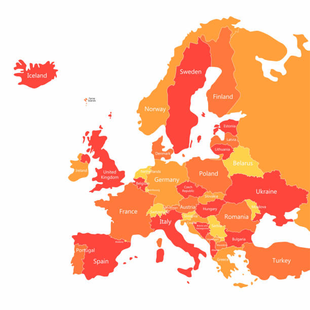 bildbanksillustrationer, clip art samt tecknat material och ikoner med vektor karta med länder gränser i europa. abstrakt röd och gul europa land på kartan - europe map
