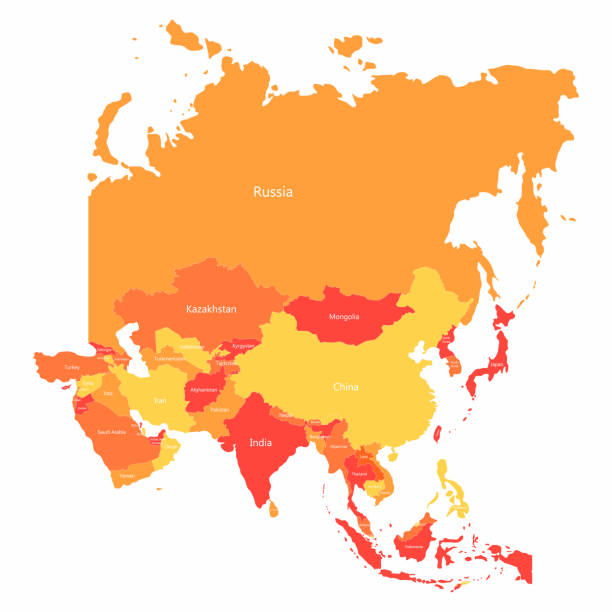 illustrazioni stock, clip art, cartoni animati e icone di tendenza di mappa vettoriale dell'asia con i confini dei paesi. paesi astratti dell'asia rossa e gialla sulla mappa - philippines map cartography asia