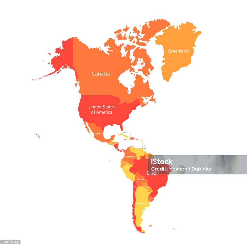 Vector en Amérique du Sud et en Amérique du Nord carte avec les pays frontières. Abstrait rouge et jaune des pays de l’Amérique sur la carte - clipart vectoriel de Carte libre de droits